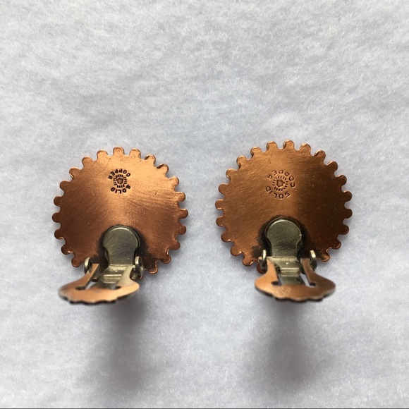 Vintage Solid Copper Earrings Clip On Round Sun - Picture 3 of 9